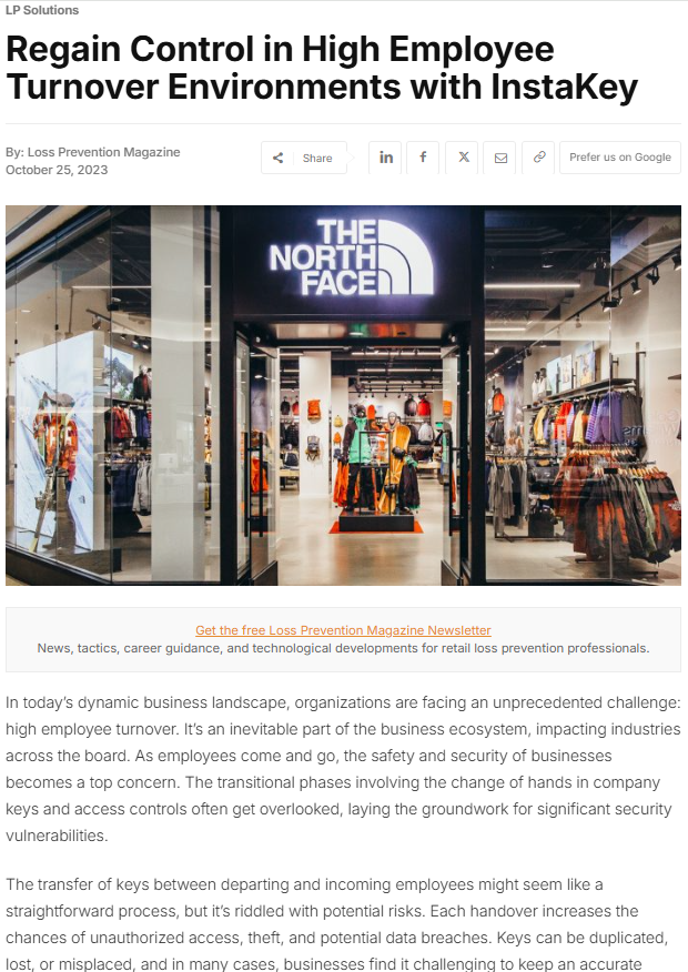 screenshot of an article at https://losspreventionmedia.com/regain-control-in-high-employee-turnover-environments-with-instakey/