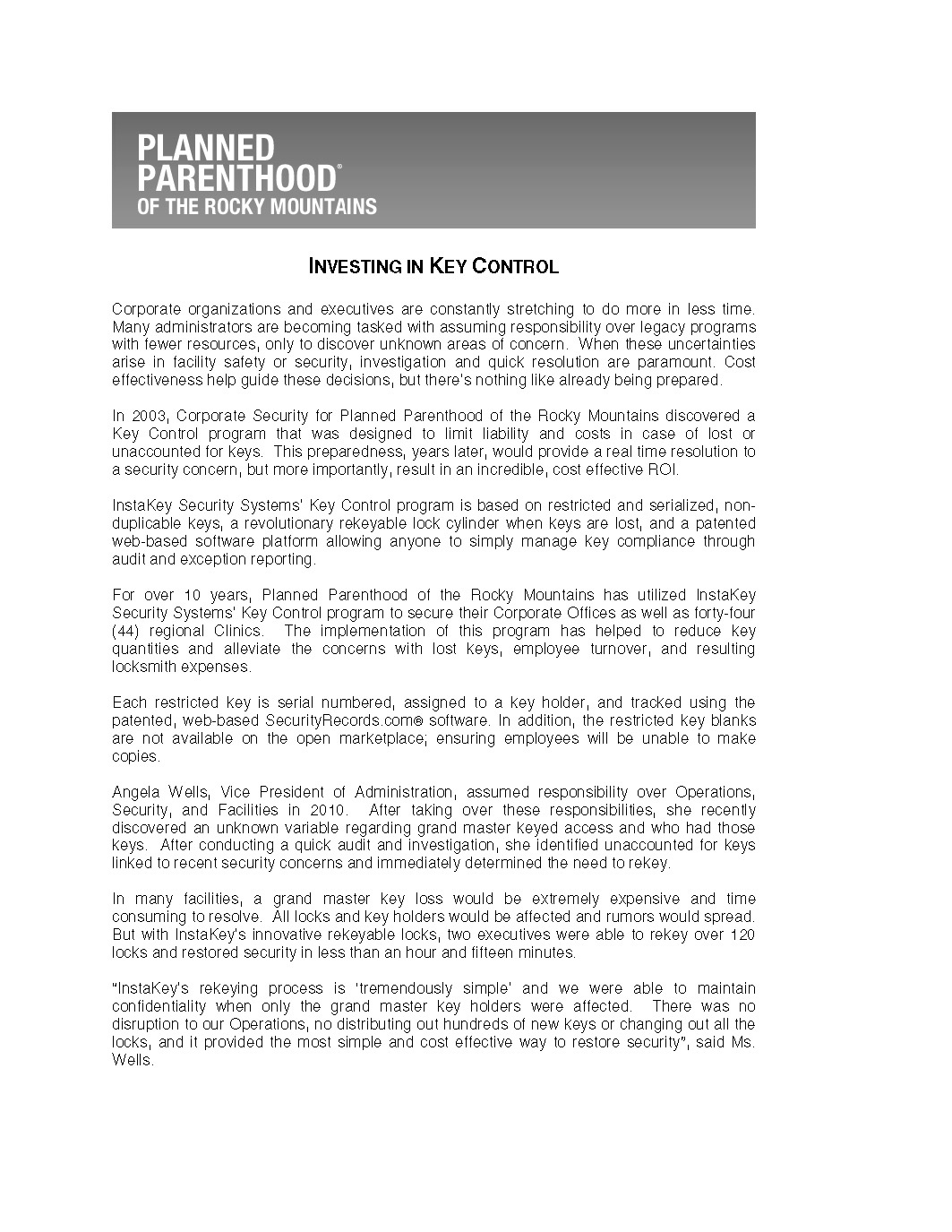 Planned Parenthood of the Rocky Mountains – Investing in Key Control